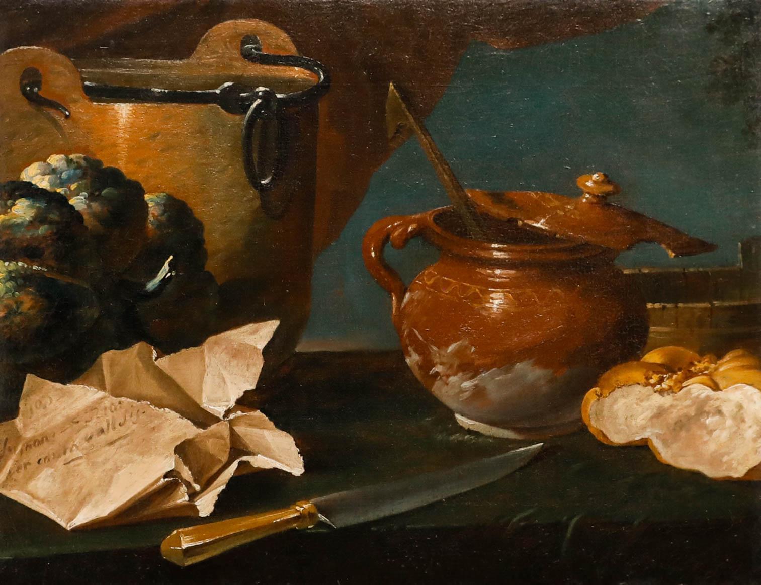 Huile encadrée du 19ème siècle - Nature morte avec pot en cuivre - Painting de Unknown