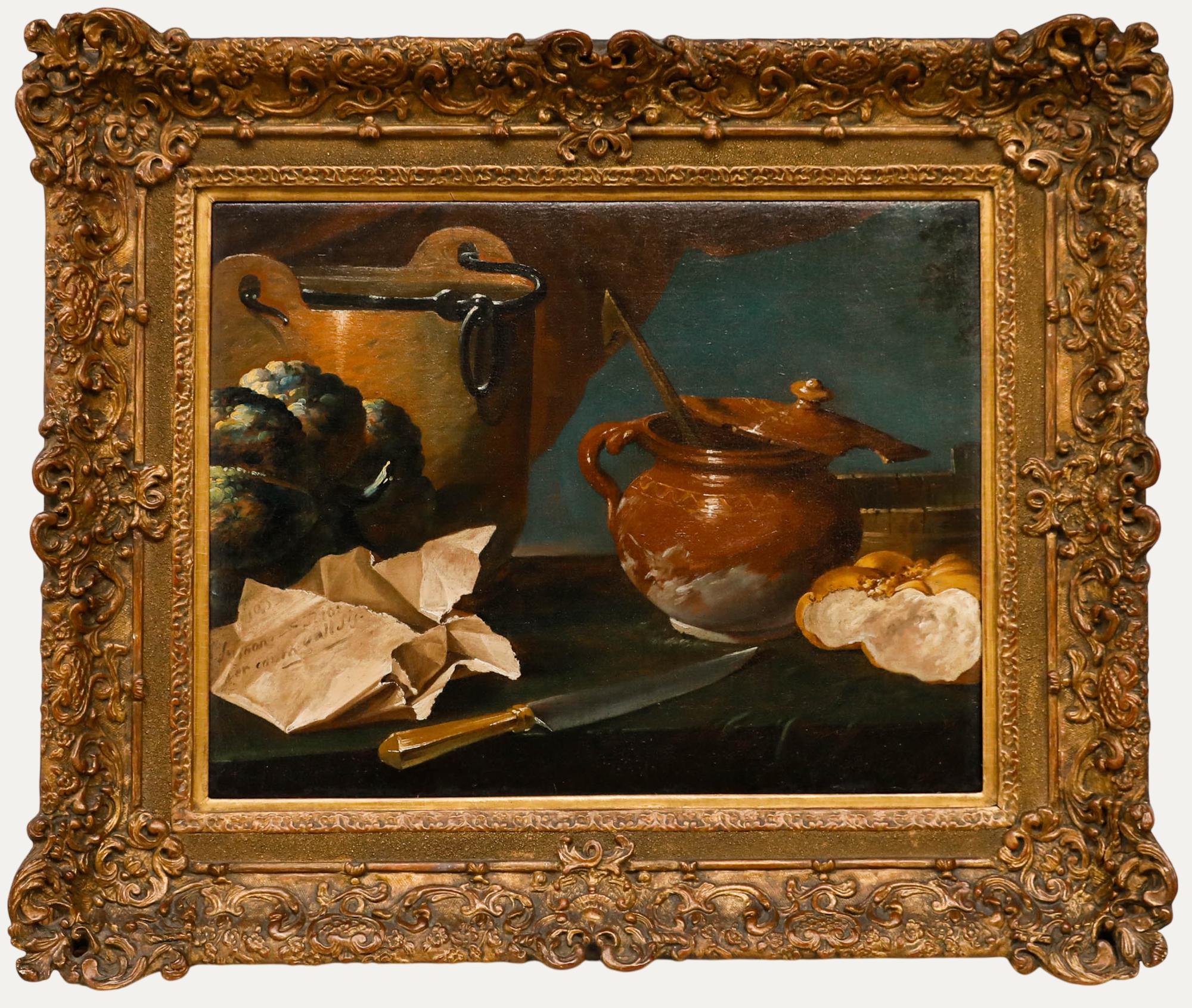 Óleo enmarcado del siglo XIX - Bodegón con olla de cobre