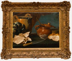 Óleo enmarcado del siglo XIX - Bodegón con olla de cobre