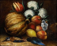 Framed 19th Century Oil - Still Life with Kingfishers, Fruit & Flowers