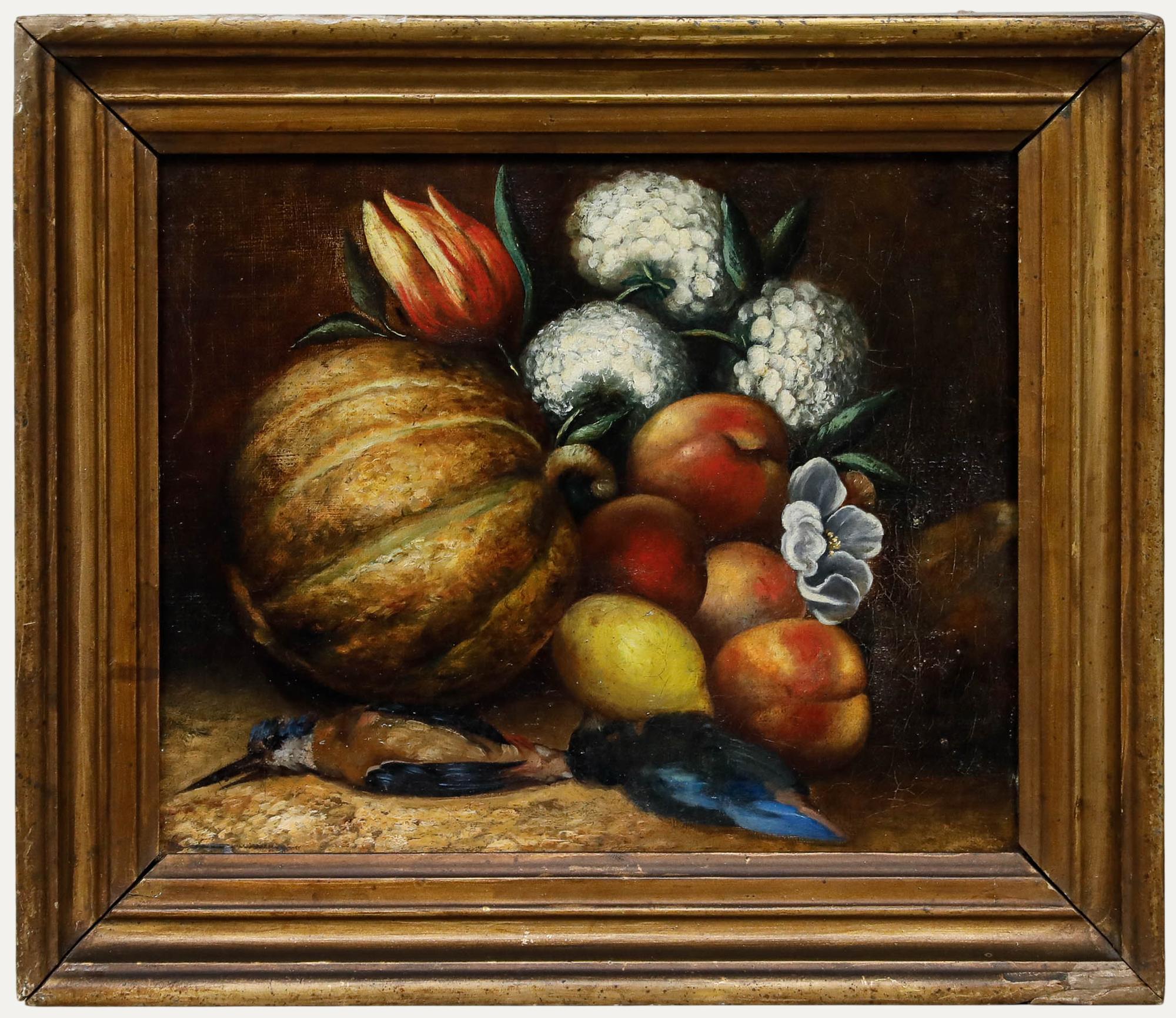 Unknown Still-Life Painting - Framed 19th Century Oil - Still Life with Kingfishers, Fruit & Flowers