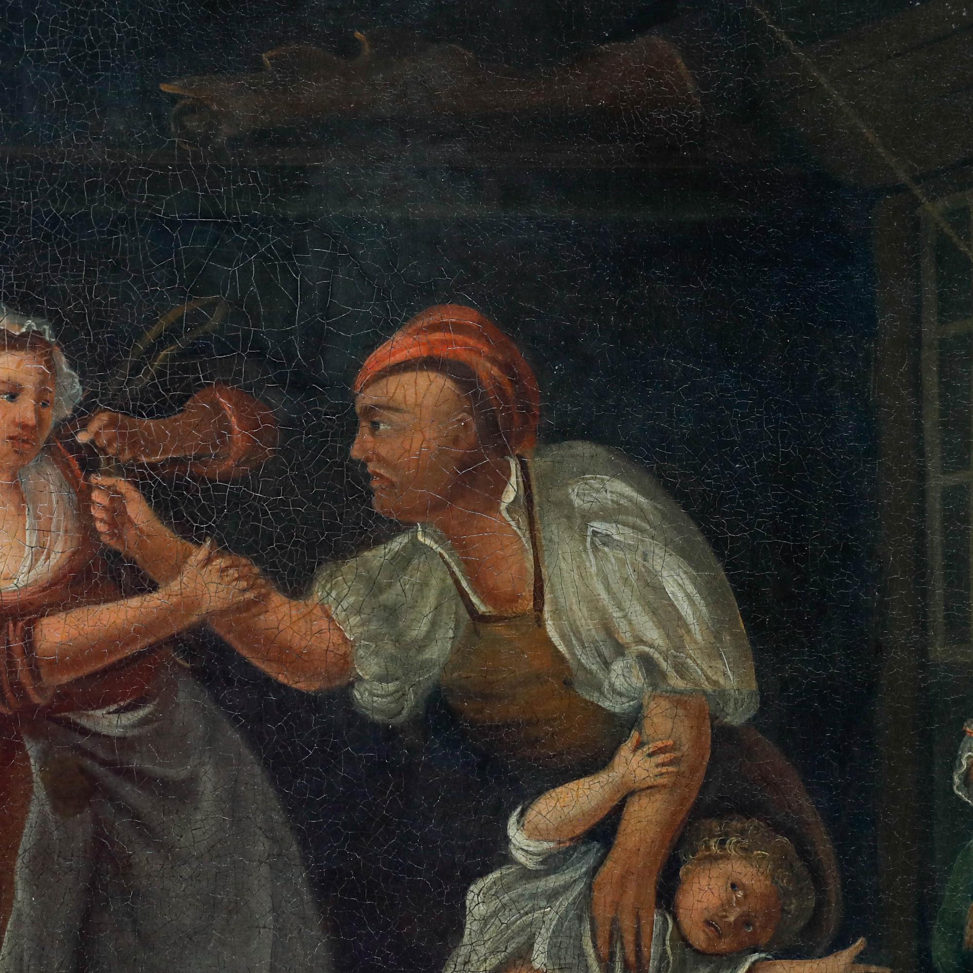 An accomplished genre scene depicting the interior of a bookbinder's workshop with customers, journeymen at work and an older man about to beat a boy with a leather strap, by which the child's mother intervenes, restraining the man's arms,