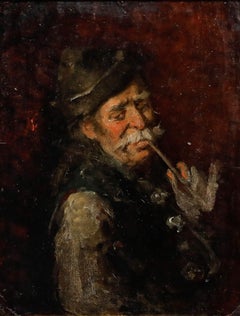 Óleo enmarcado del siglo XIX - El fumador de pipa