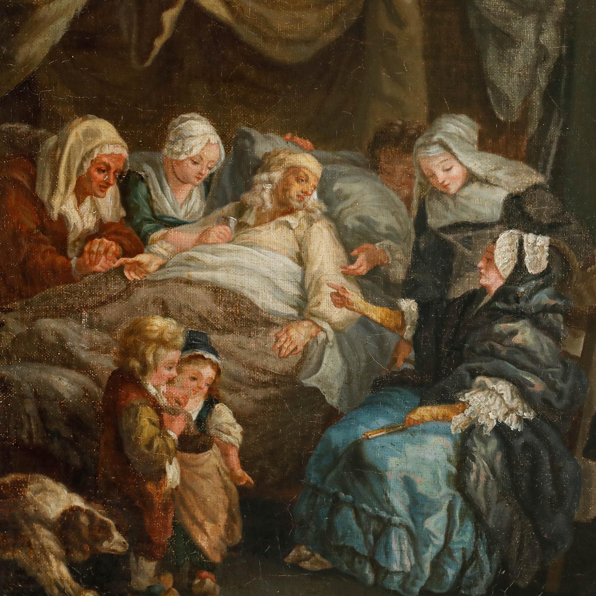 A genre scene depicting an ailing man in his bed, surrounded by concerned family members who have gathered at his bedside. Well presented in a gilt-effect frame. Unsigned. On canvas on stretchers.