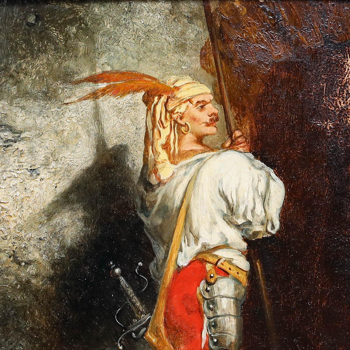 This dramatic oil painting portrays a handsome man with a prominent moustache and a vibrant yellow turban adorned with feathers. He stands holding a flagpole, his bright red trousers creating a striking contrast against a green cloak draped on the