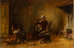 Framed 19th Century Oil - The Spinning Wheel