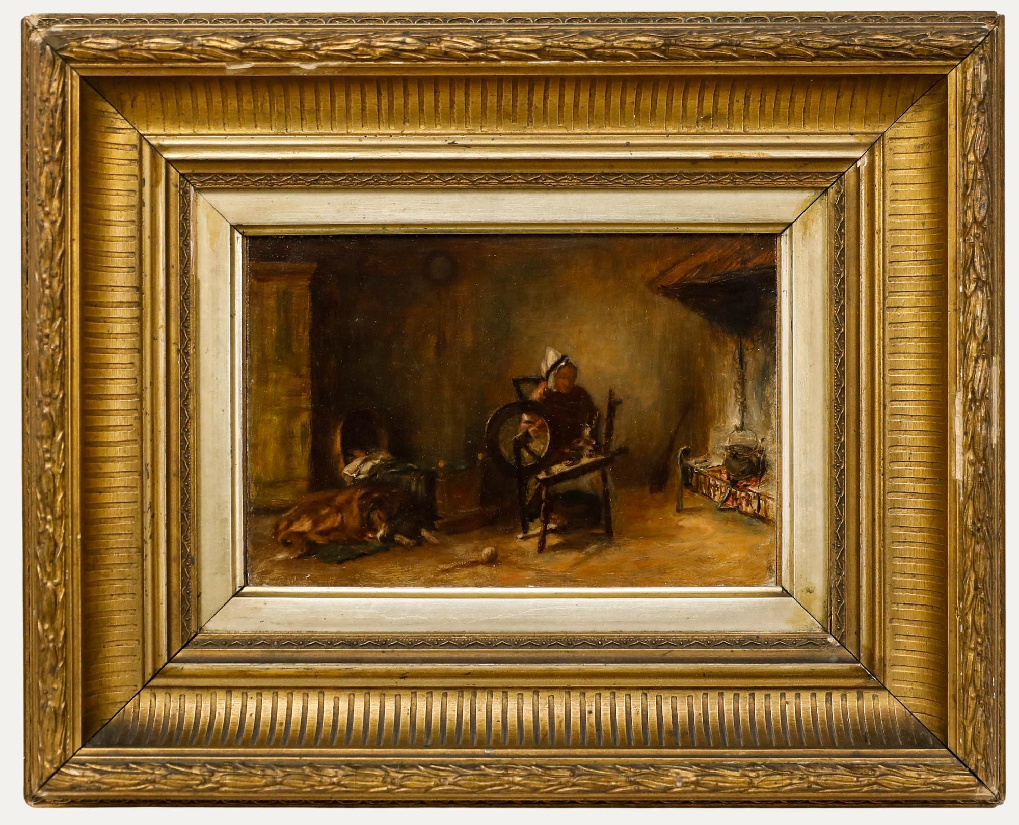 Framed 19th Century Oil - The Spinning Wheel
