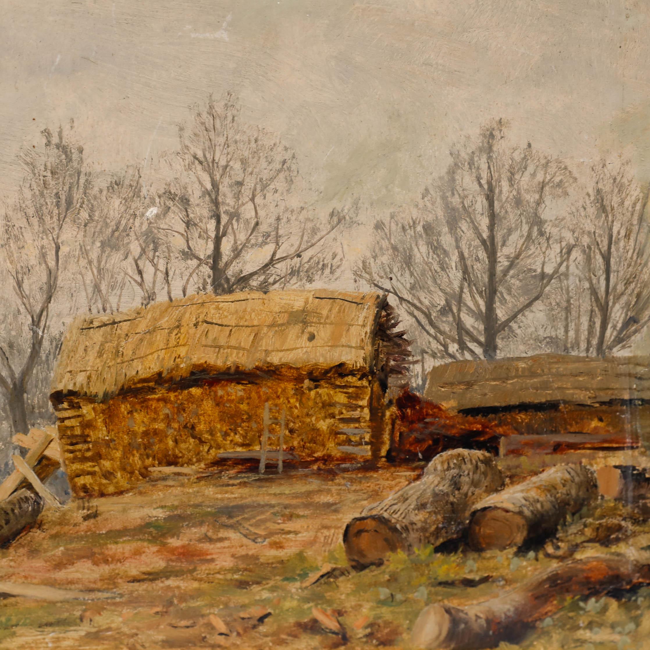 Gerahmtes Ölgemälde des 19. Jahrhunderts – The Woodcutter's Cottage (Braun), Landscape Painting, von Unknown