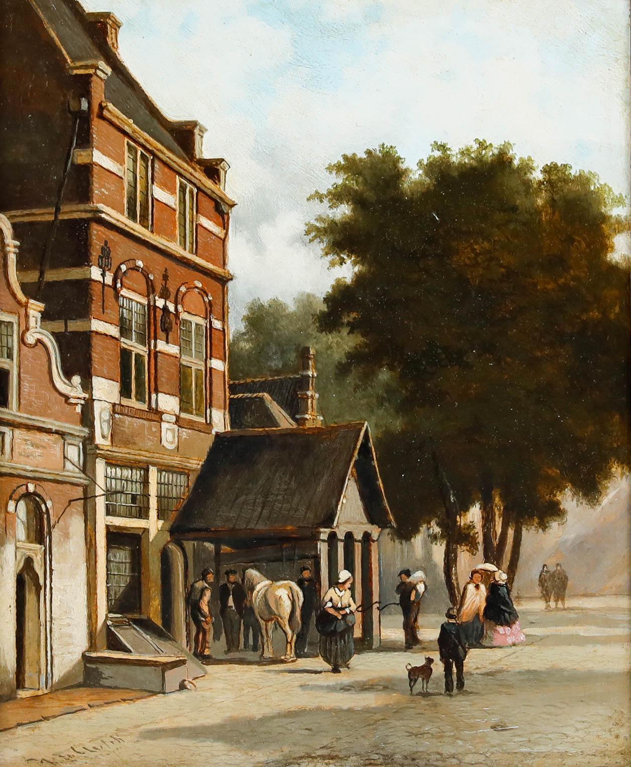 Gerahmtes Ölgemälde des 19. Jahrhunderts – Stadtstraßensszene – Painting von Unknown