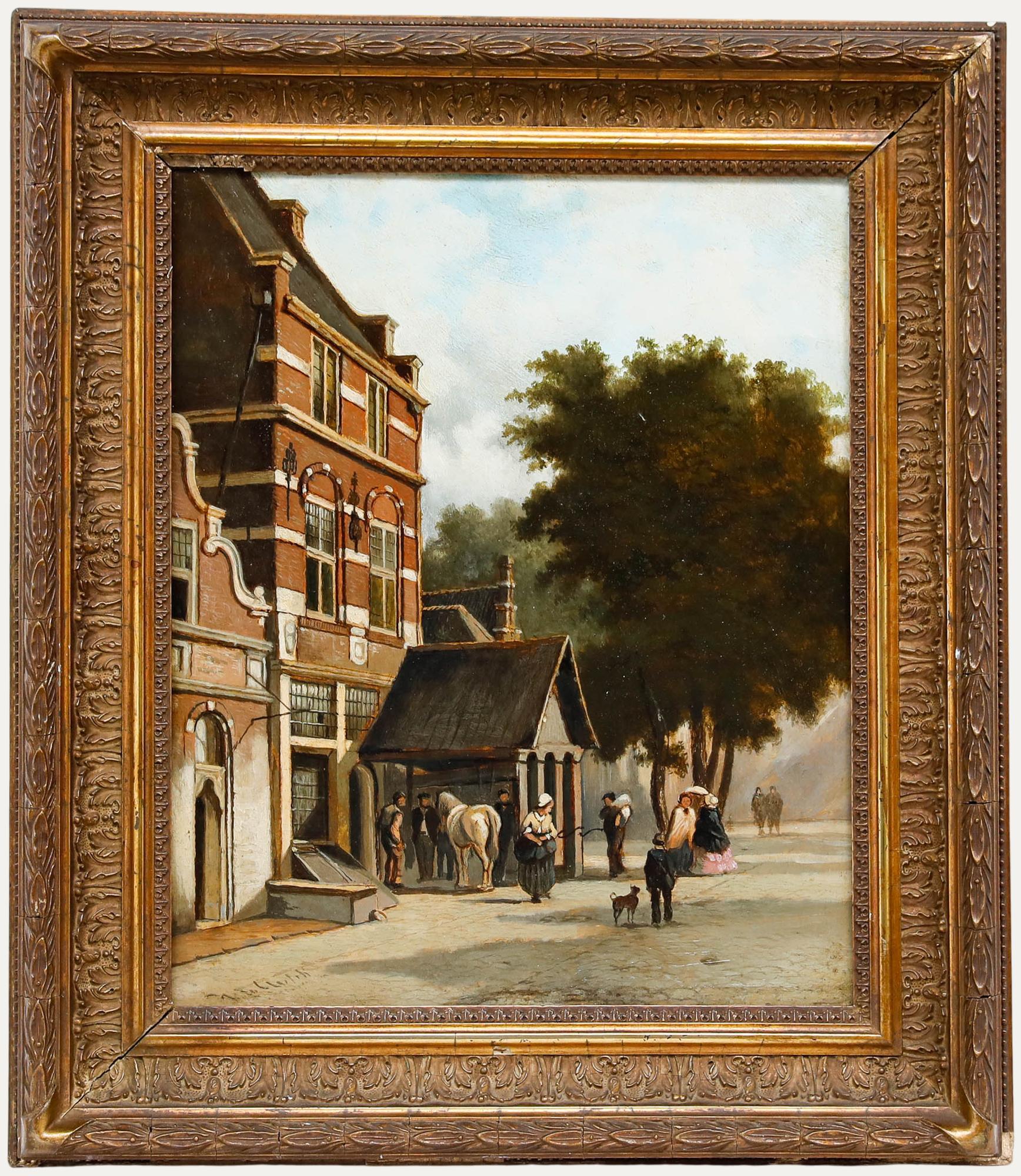 Gerahmtes Ölgemälde des 19. Jahrhunderts – Stadtstraßensszene