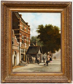 Óleo enmarcado del siglo XIX - Escena callejera de un pueblo
