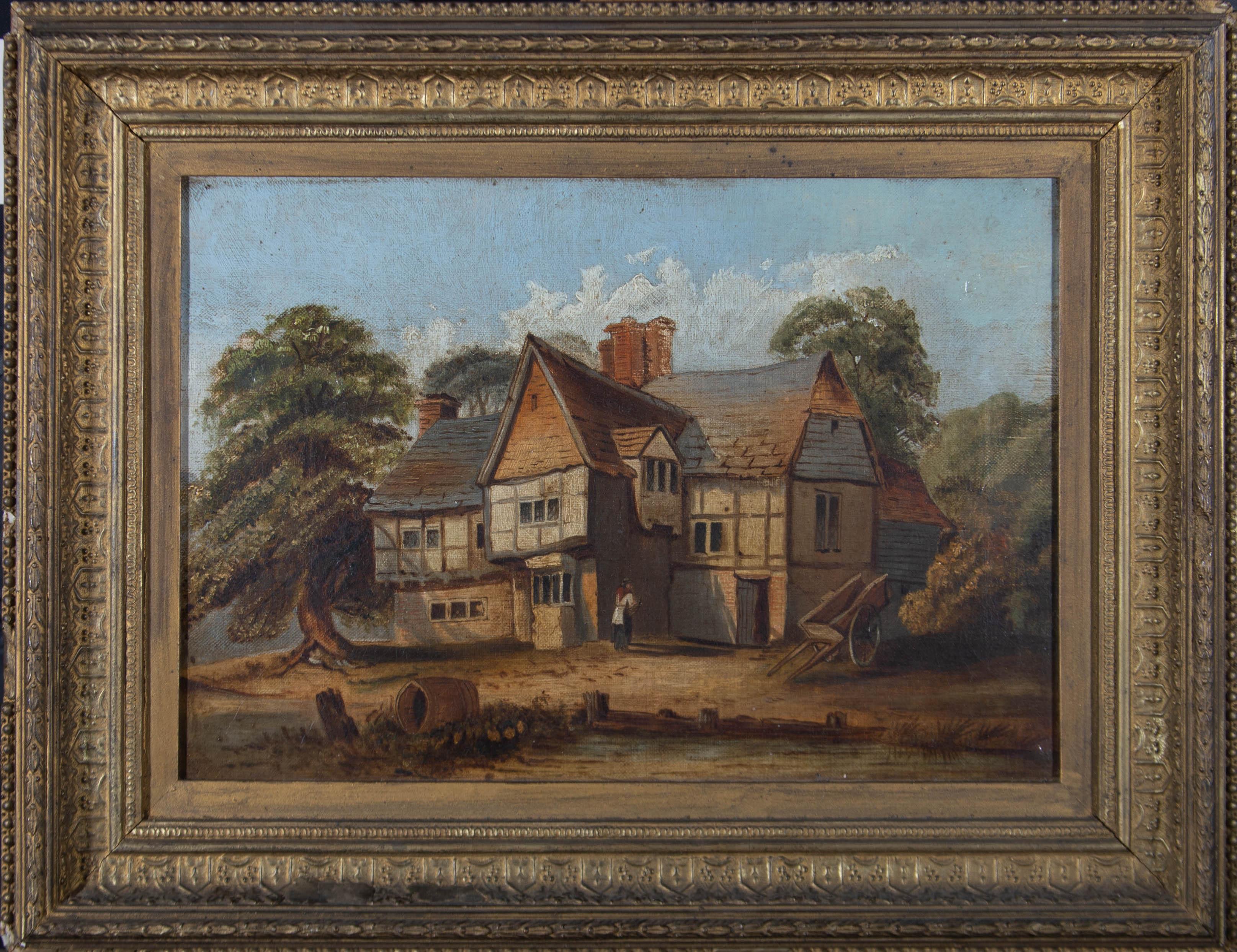 Unknown Landscape Painting - Framed 19th Century Oil - Tudor Cottage in the Countryside