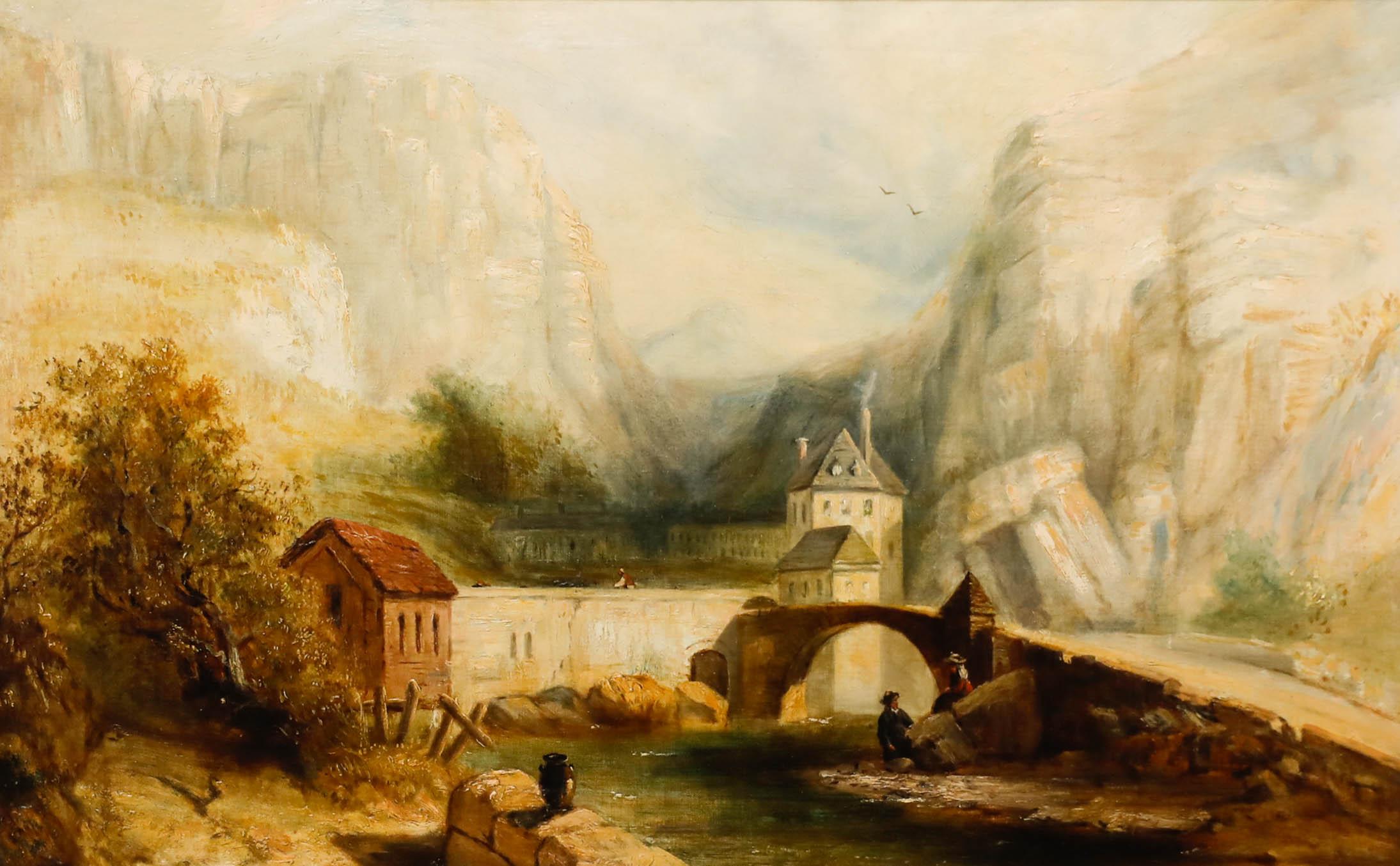 Framed 19th Century Oil - Tyrol Valley Landscape with Figures - Painting by Unknown