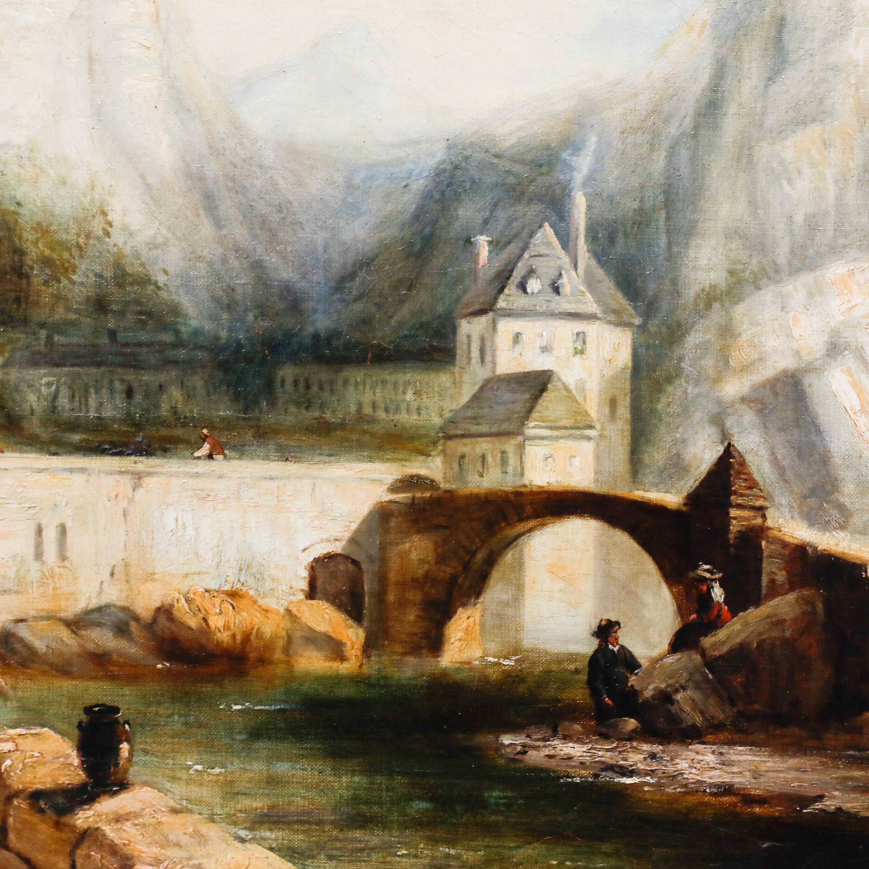 A delightful depiction of a Tyrolean town hidden in the Alps, with figures in the foreground engaged in a proposal. Well presented in a stunning antique maple frame. Unsigned. On canvas on stretchers. 