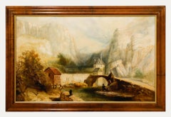 Óleo enmarcado del siglo XIX - Paisaje del valle del Tirol con figuras
