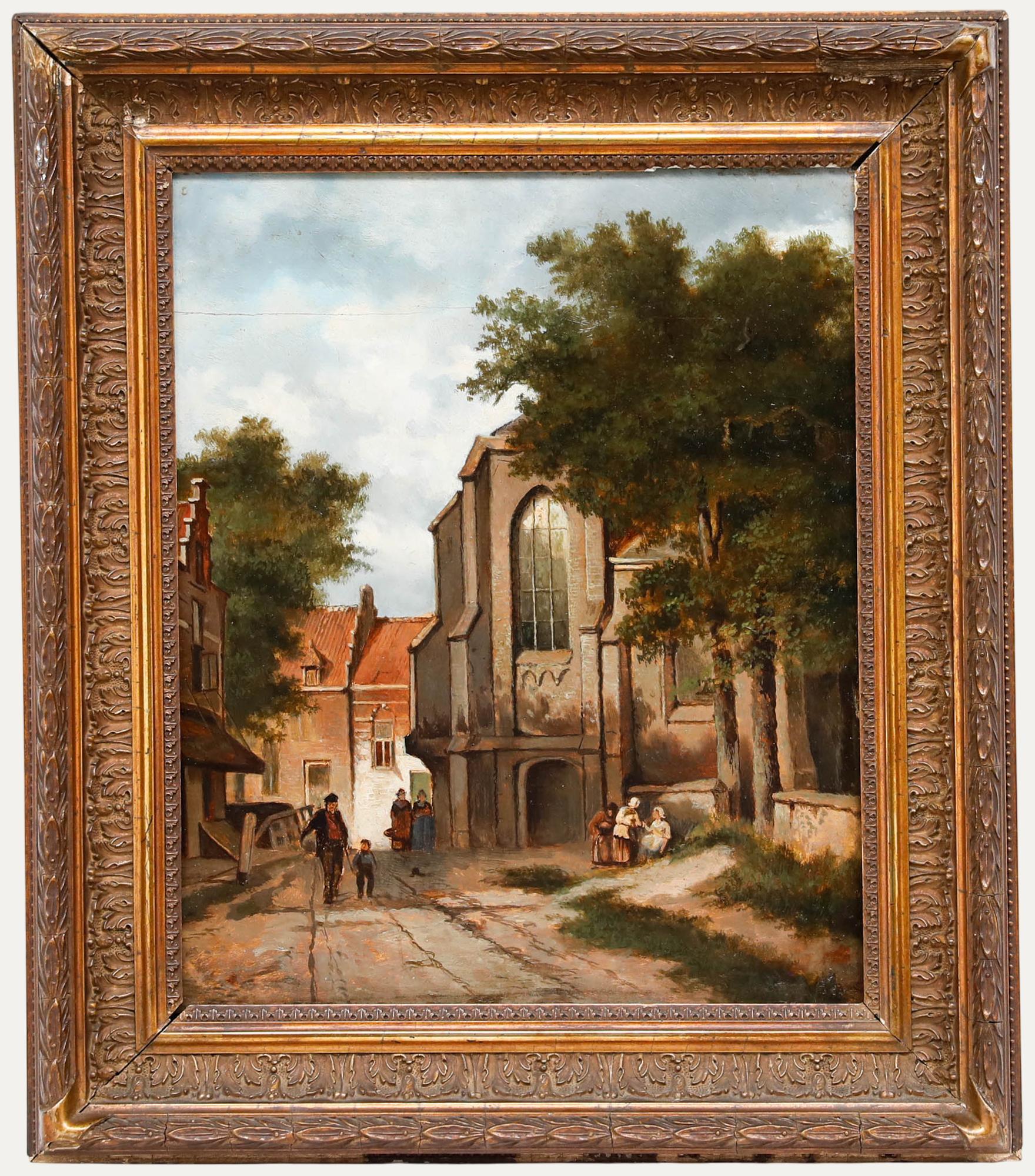 Gerahmtes Ölgemälde des 19. Jahrhunderts – Dorfstraßensszene