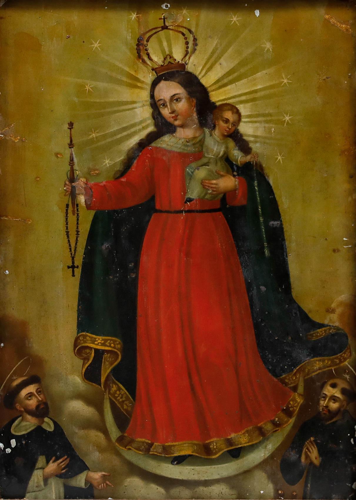 Gerahmtes Öl aus dem 19. Jahrhundert - Jungfrau und Kind, die dem Heiligen Dominikus den Rosenkranz geben – Painting von Unknown