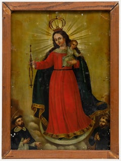 Huile encadrée du 19e siècle - Vierge et Child donnant le chapelet à Saint Dominique