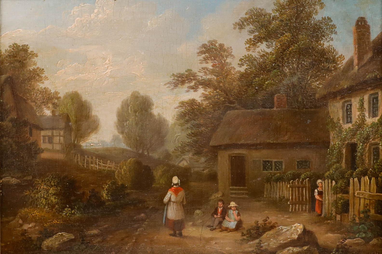 Gerahmtes Ölgemälde des 19. Jahrhunderts – Waiting For Visitors – Painting von Unknown
