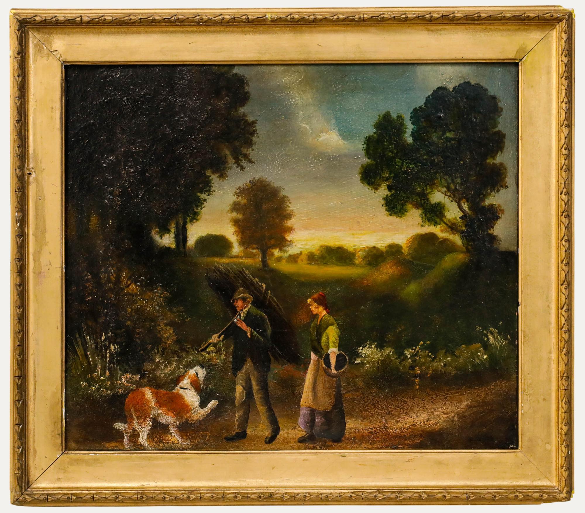 Unknown Figurative Painting - Framed 19th Century Oil - Walking Home