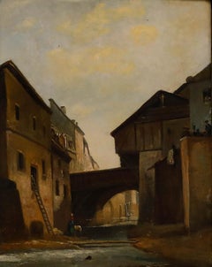 Framed 19th Century Oil - Washing Beneath the Bridge