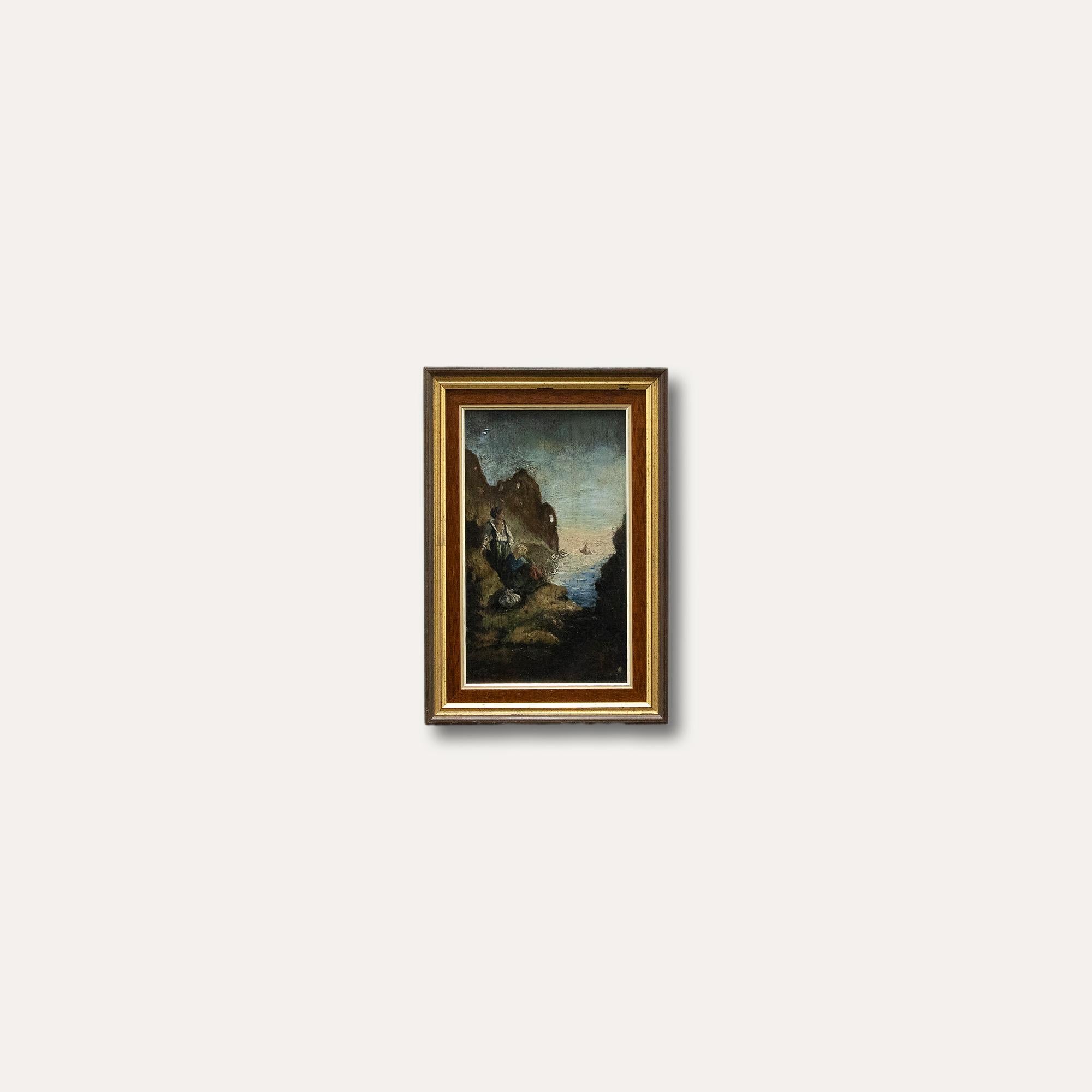 A charming 19th-century oil depicting two females figures watching a ship leave for sea. The oil has been presented in a delicate wooden frame. Unsigned. On panel.
