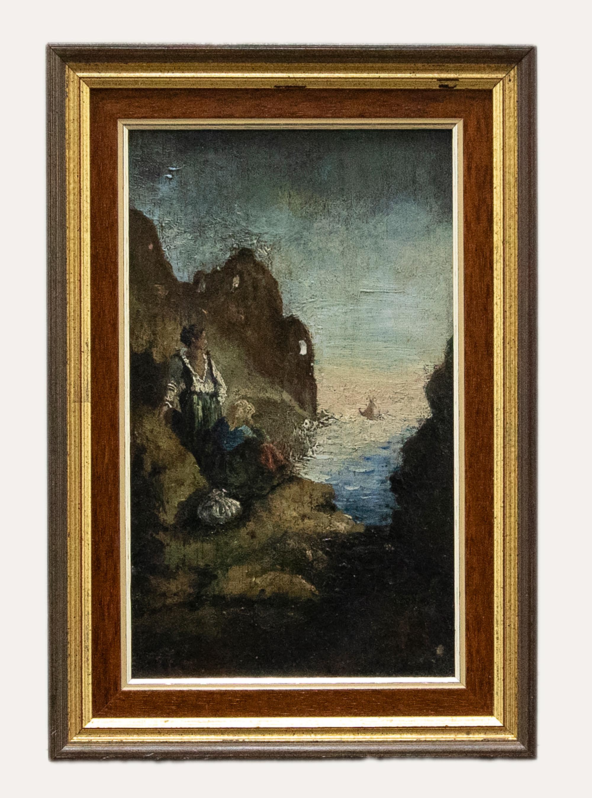 Unknown Figurative Painting - Framed 19th Century Oil - Watching From the Cliff