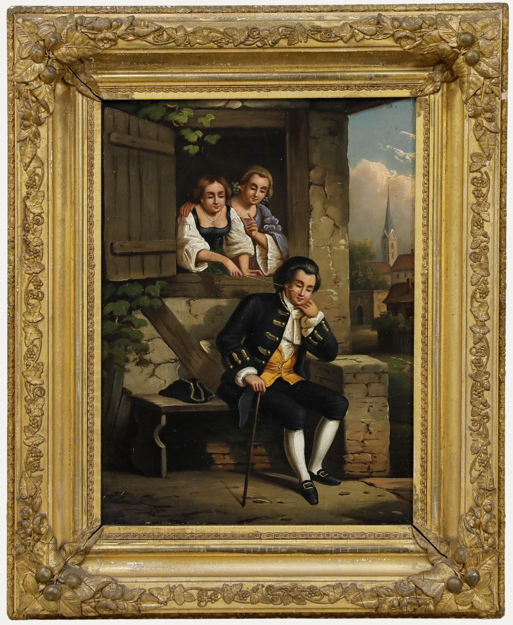 Unknown Figurative Painting - Framed 19th Century Oil - Women Tickling a Resting Gentleman
