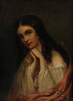 Framed 19th Century Oil - Young Woman with Red Rosary