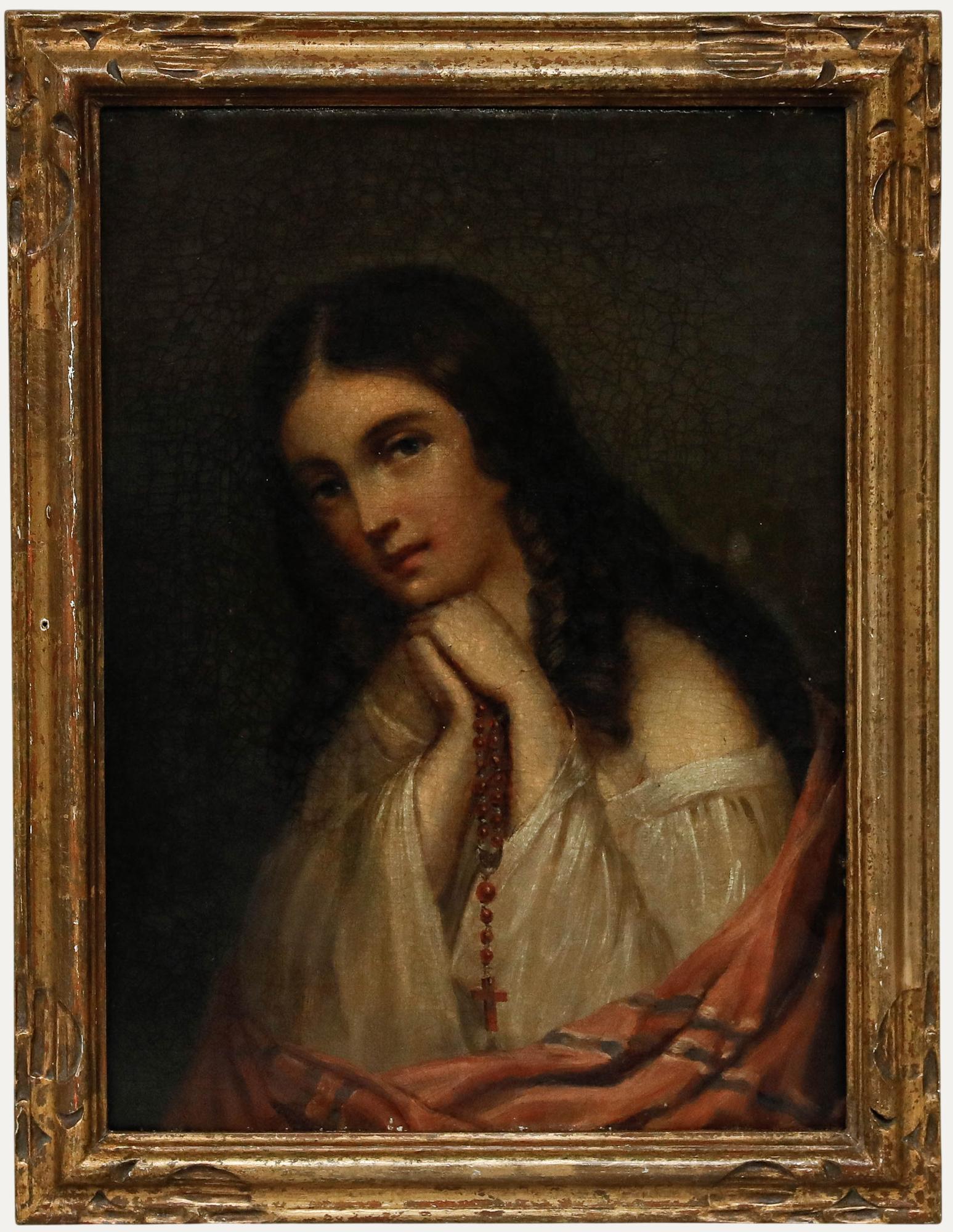 Unknown Portrait Painting - Framed 19th Century Oil - Young Woman with Red Rosary