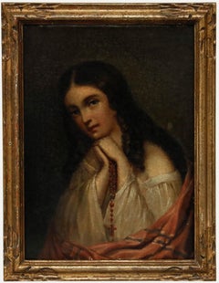 Framed 19th Century Oil - Young Woman with Red Rosary