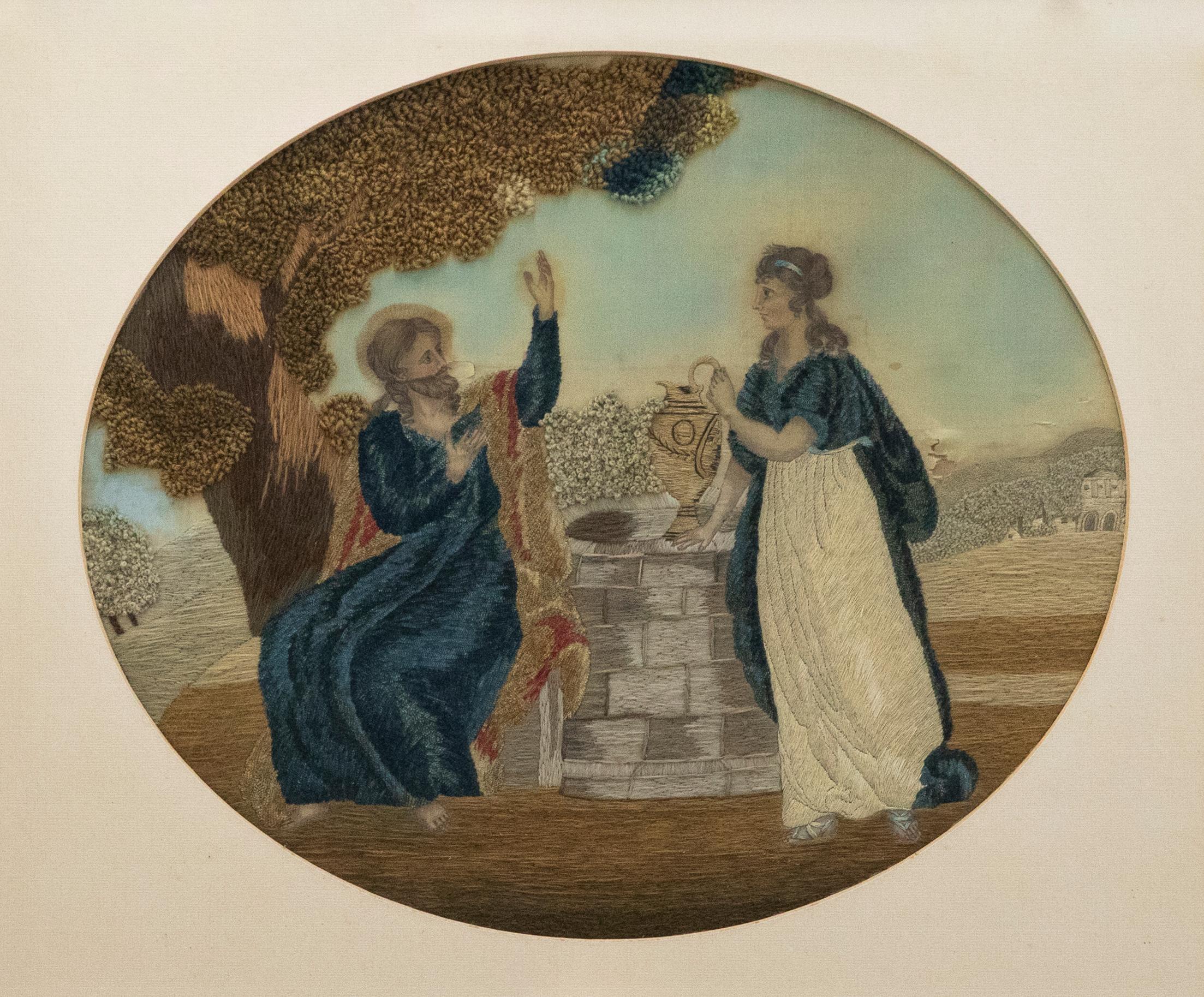 A well crafted 19th century needlework on silk, depicting the Story of Jesus and the Samaritan Woman at the Well. Composed from wool and silk yarn and finished with watercolour. The religious scene has been well presented in an elegant hardwood