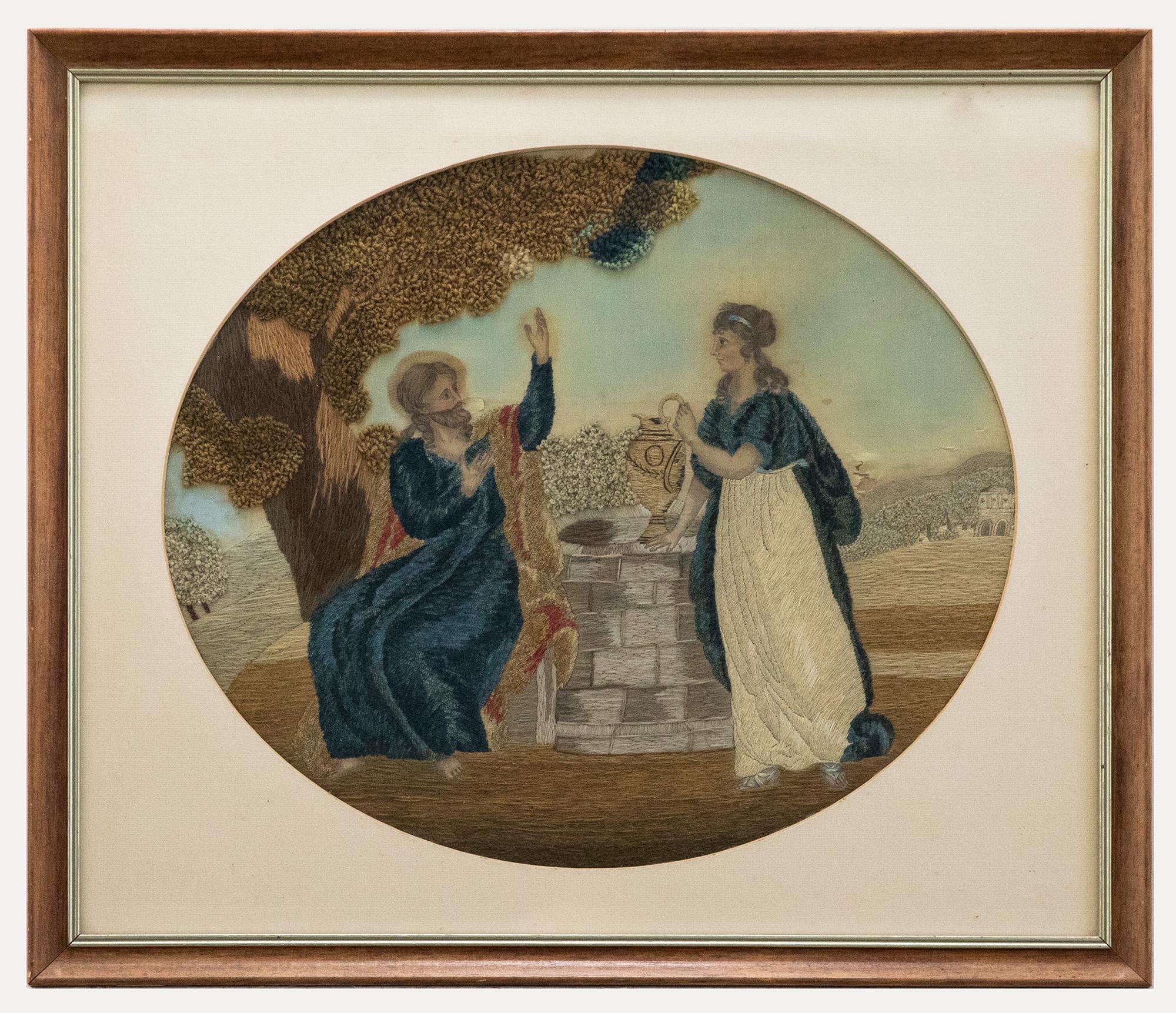 Framed 19th Century Silkwork Embroidery - Jesus and the Samaritan Woman - Painting by Unknown