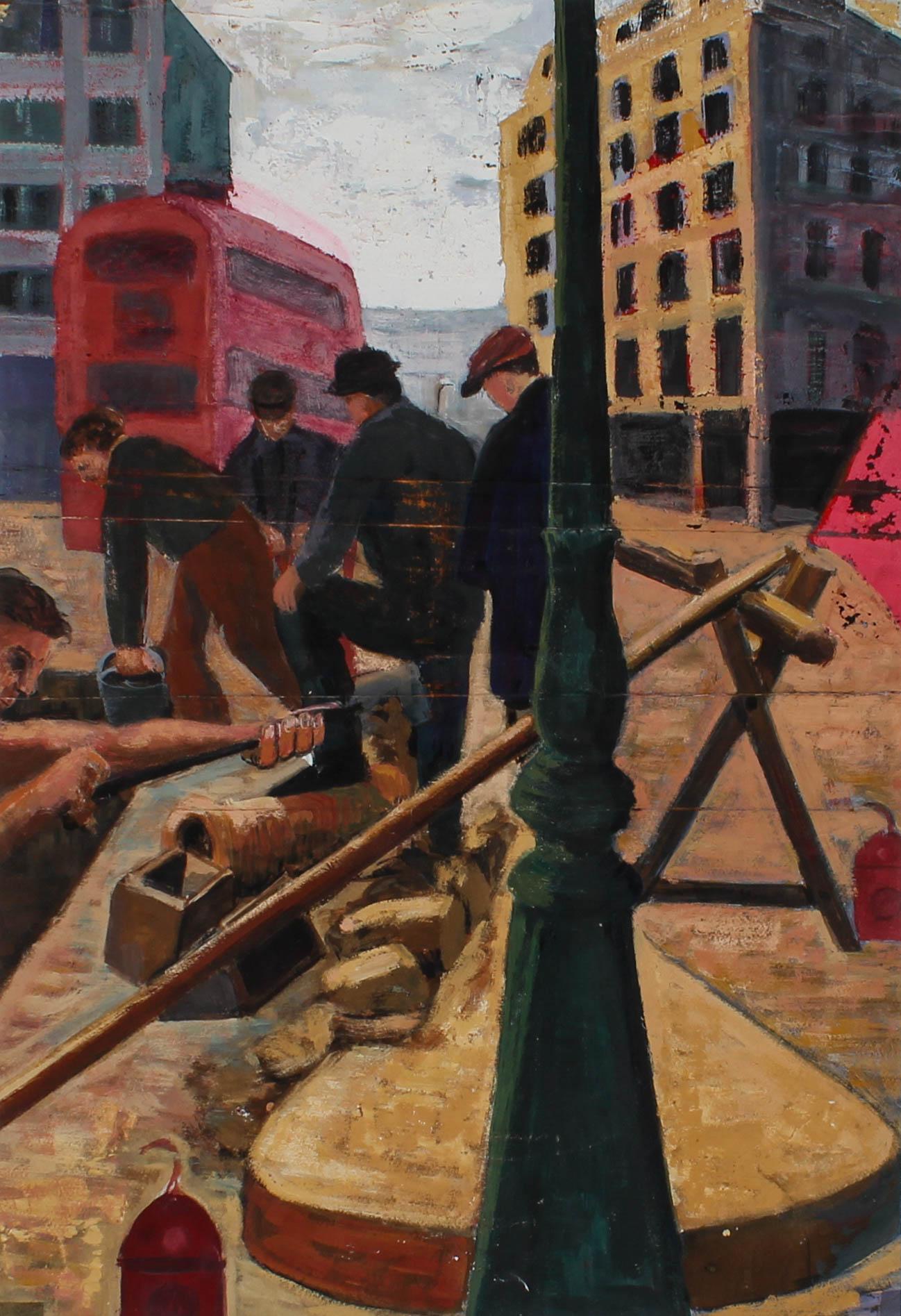 Gerahmtes Acryl des 20. Jahrhunderts – City Maintenance – Painting von Unknown