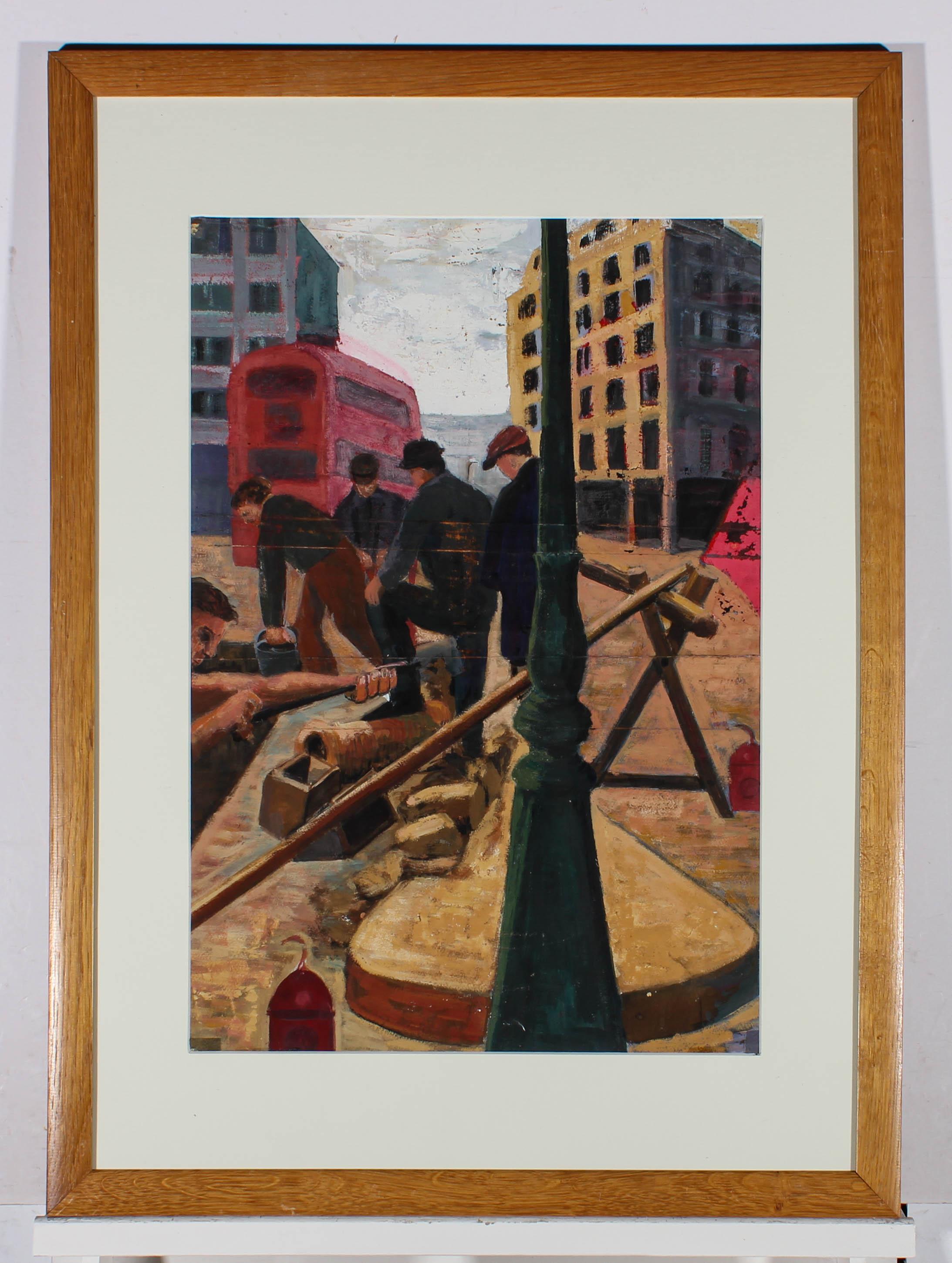 Gerahmtes Acryl des 20. Jahrhunderts – City Maintenance (Braun), Figurative Painting, von Unknown