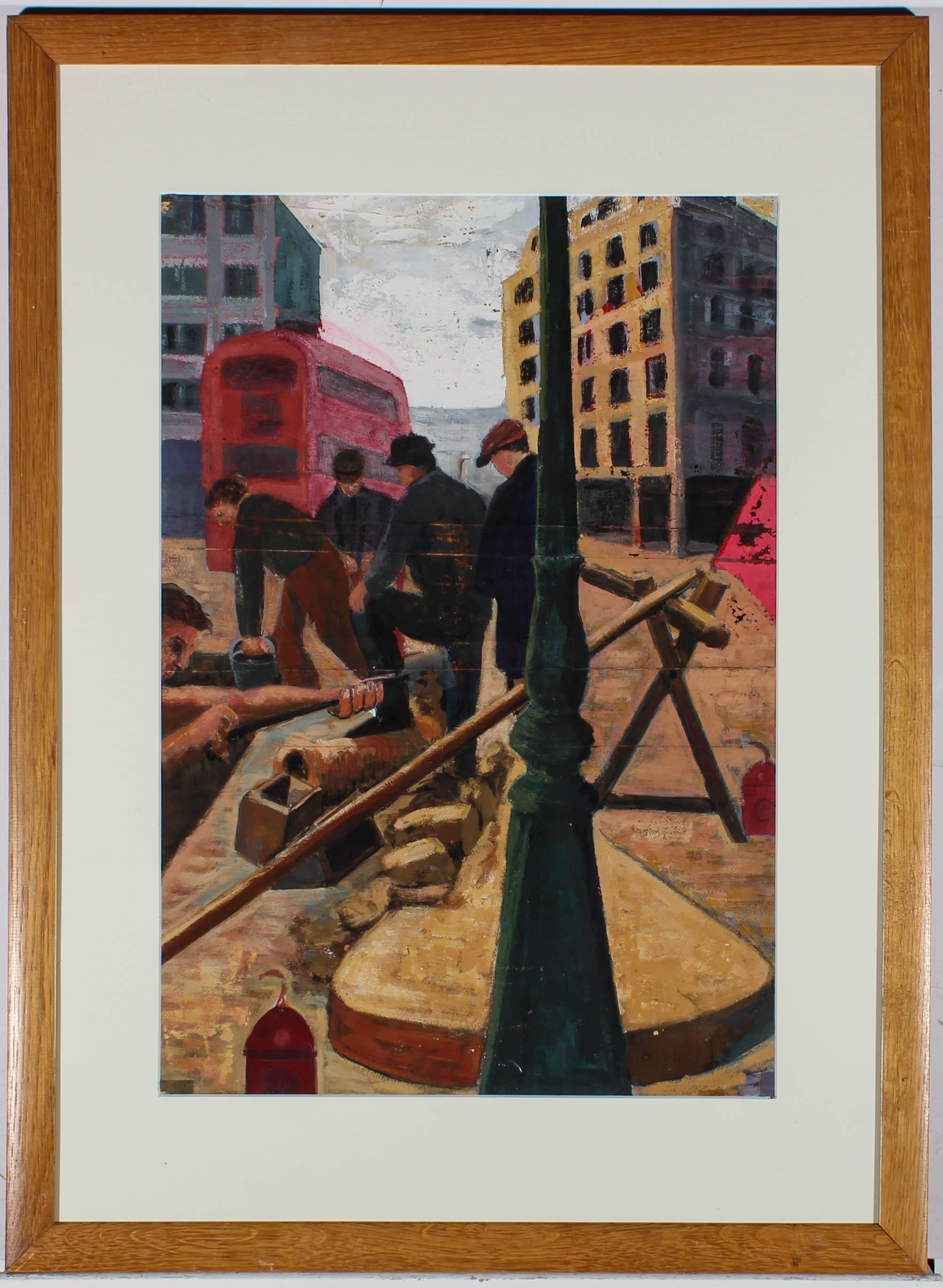 Gerahmtes Acryl des 20. Jahrhunderts – City Maintenance
