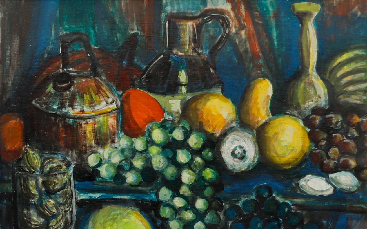 Acrilico del XX secolo incorniciato - Natura morta di frutta e recipienti - Painting di Unknown
