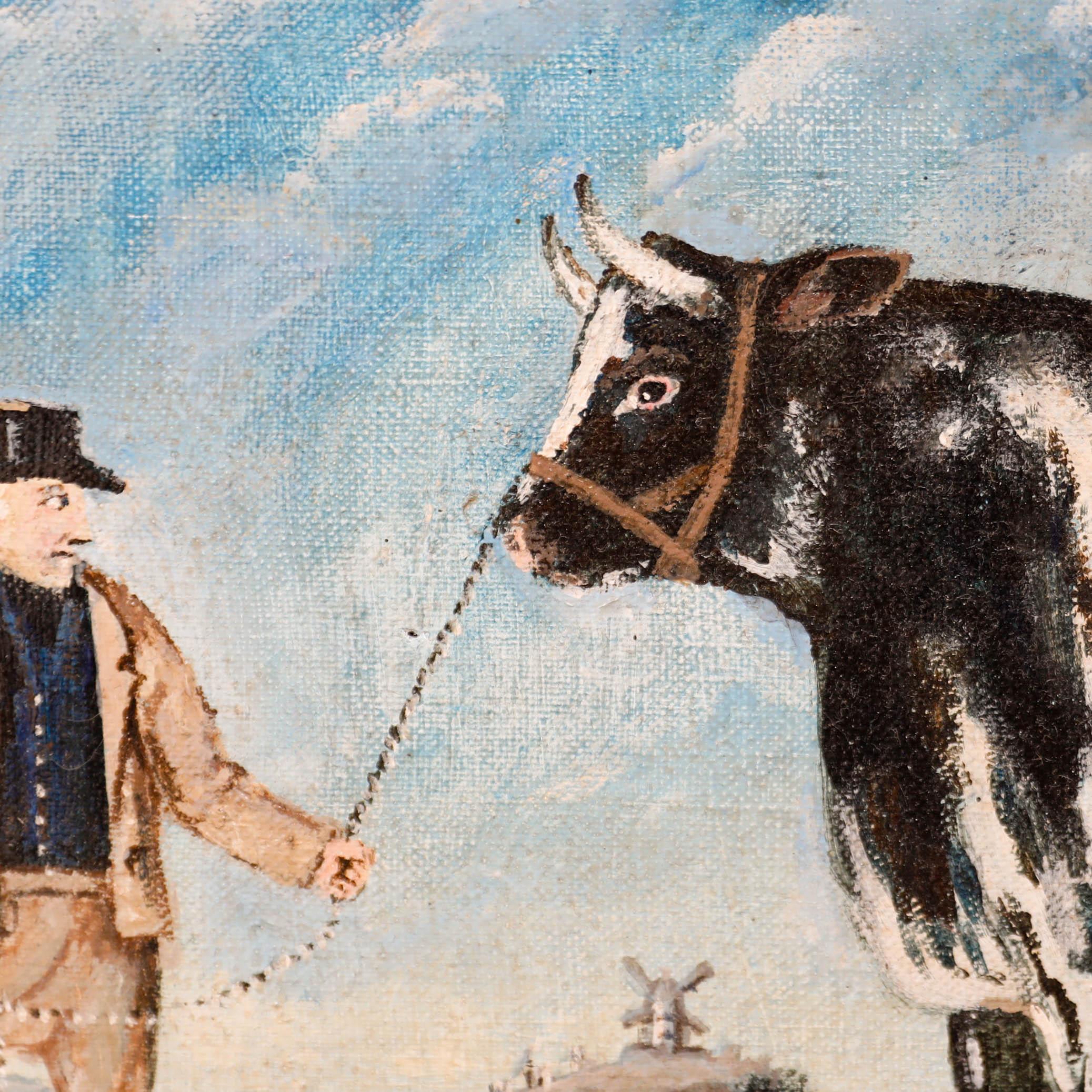 Un'affascinante scena di arte popolare del XX secolo che raffigura una mucca vincitrice di un premio in piedi in un paesaggio. Lo stile naïf, che rispecchia quello dell'arte popolare originale del XIX secolo, aggiunge molto divertimento e carattere