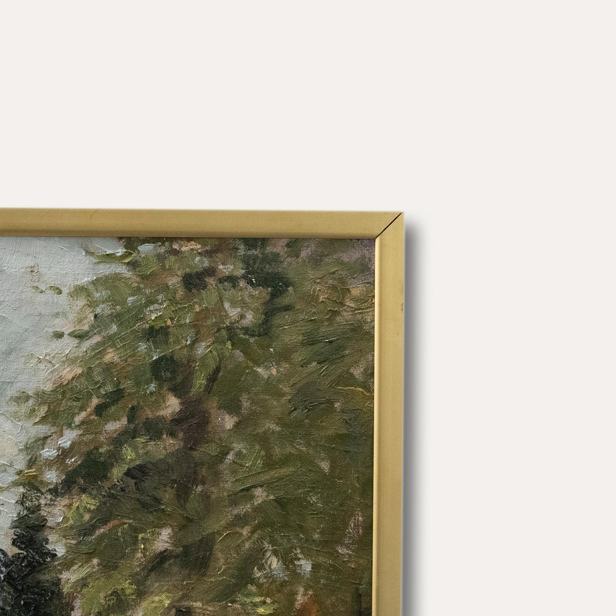 An atmospheric study of wind blowing through arboretum trees. Presented in a plain gilt-effect frame. Unsigned. On canvas laid to board.