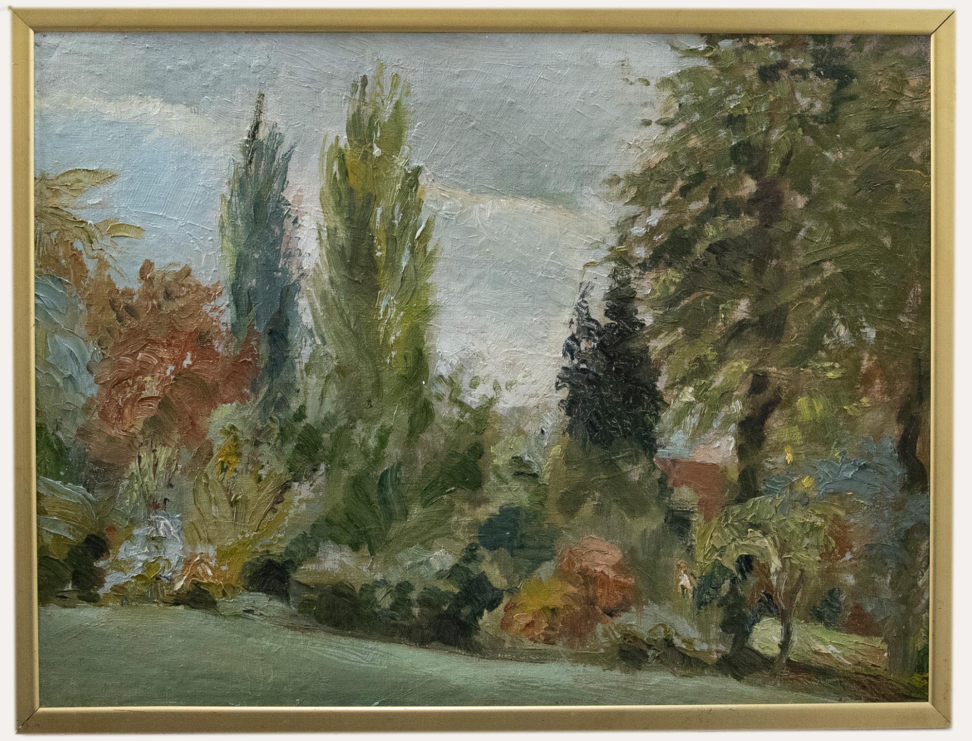 Unknown Landscape Painting – Gerahmtes Ölgemälde des 20. Jahrhunderts – Arboretum-Bäume