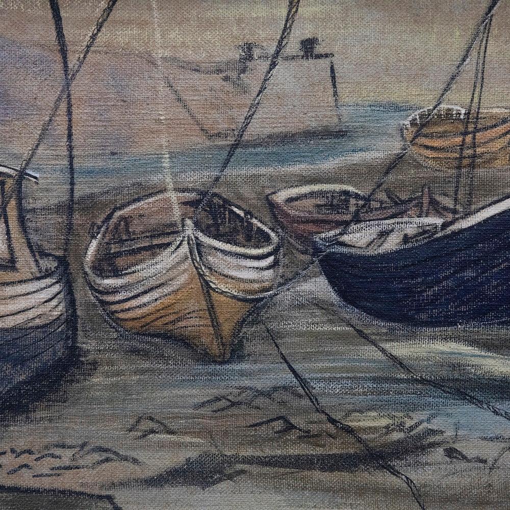Bold lines and a textured substrate help bring depth to this coastal view of fishing boats at low tide. Ropes swag in the direction of metal cleats, fixed to the harbour's sweeping sea wall. The composition has been signed by the artist to the lower