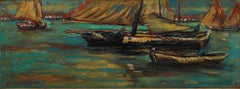 Framed 20th Century Oil - Boats at Sunset