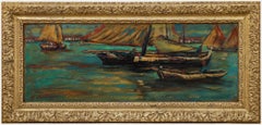 Framed 20th Century Oil - Boats at Sunset