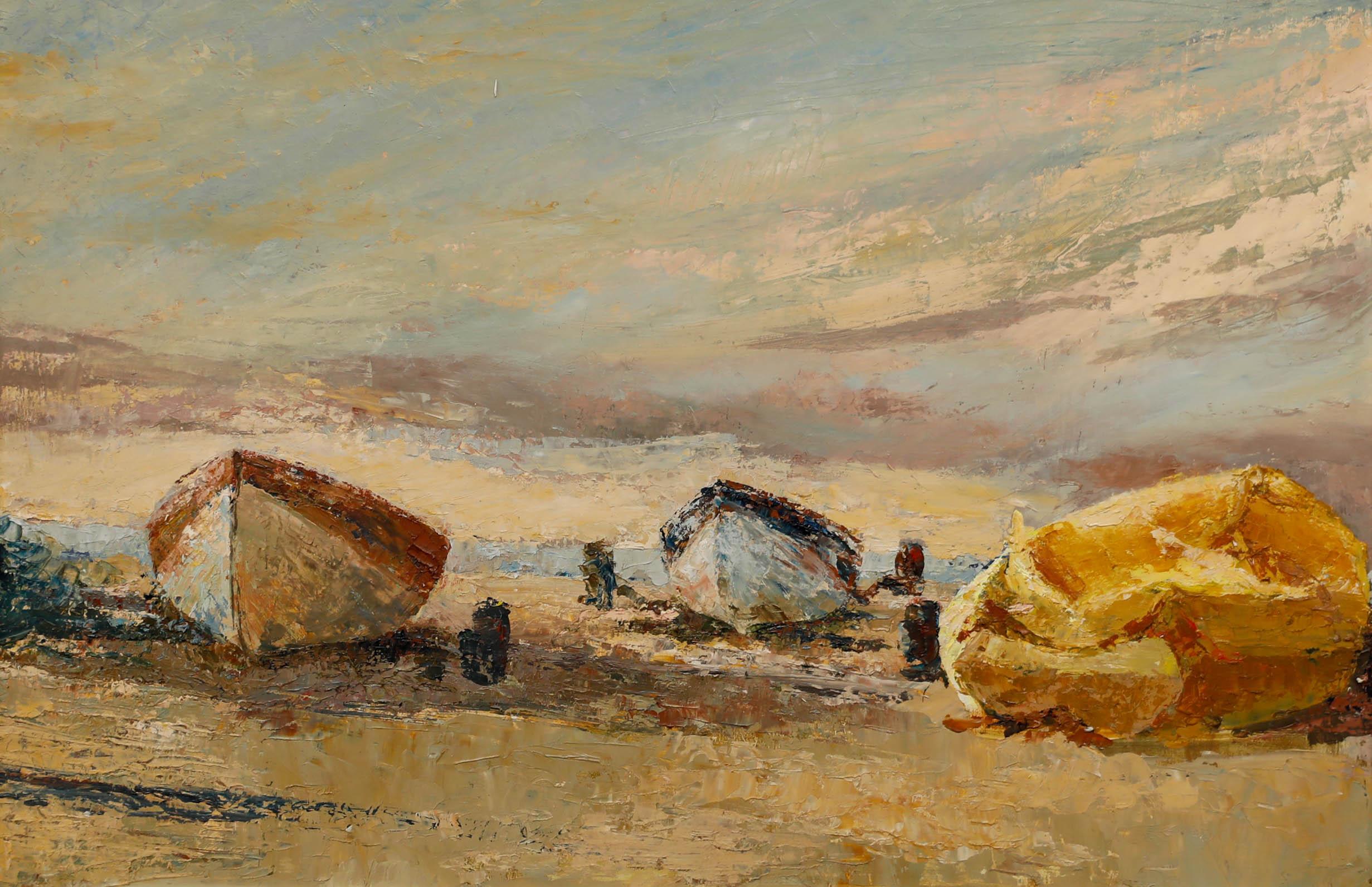 Gerahmtes Öl aus dem 20. Jahrhundert - Am Strand vertäute Boote – Painting von Unknown