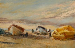 Framed 20th Century Oil - Boats Moored on a Beach