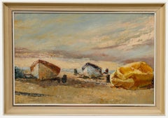Vintage Framed 20th Century Oil - Boats Moored on a Beach