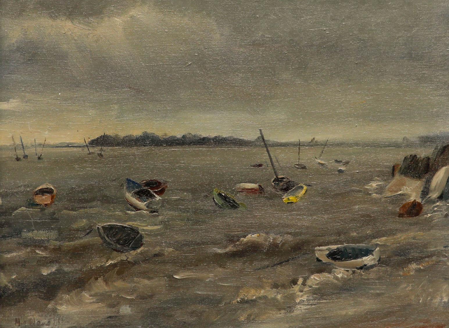Gerahmtes Ölgemälde des 20. Jahrhunderts – Bobbing Boats – Painting von Unknown