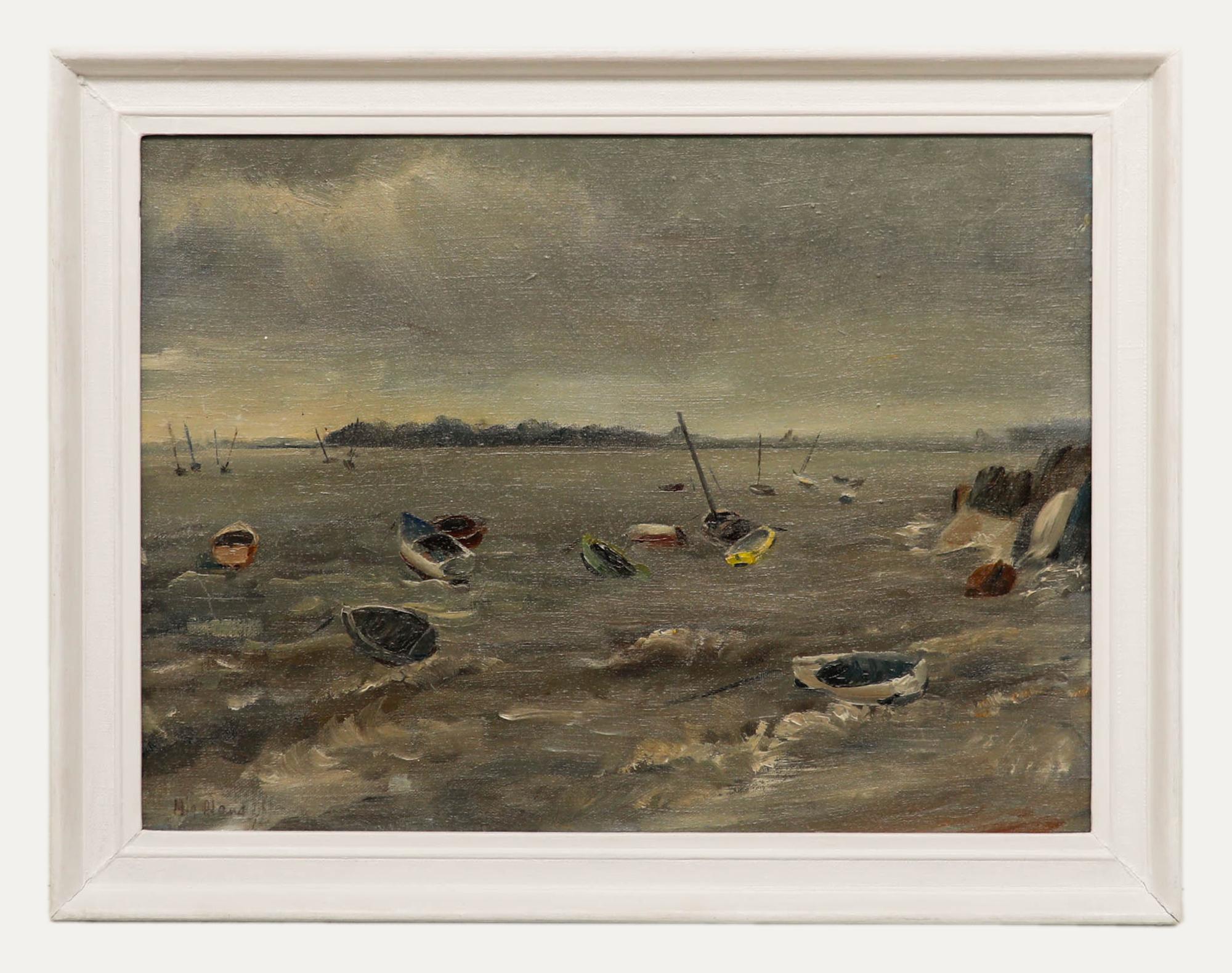 Unknown Figurative Painting – Gerahmtes Ölgemälde des 20. Jahrhunderts – Bobbing Boats