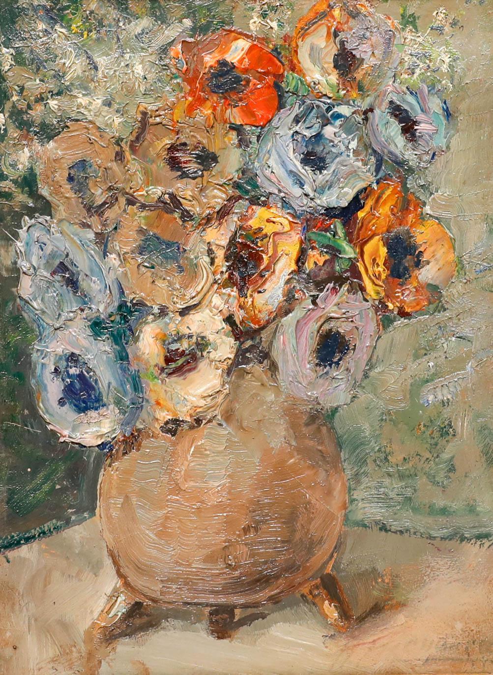 Framed 20th Century Oil - Bouquet of Anemones - Painting by Unknown