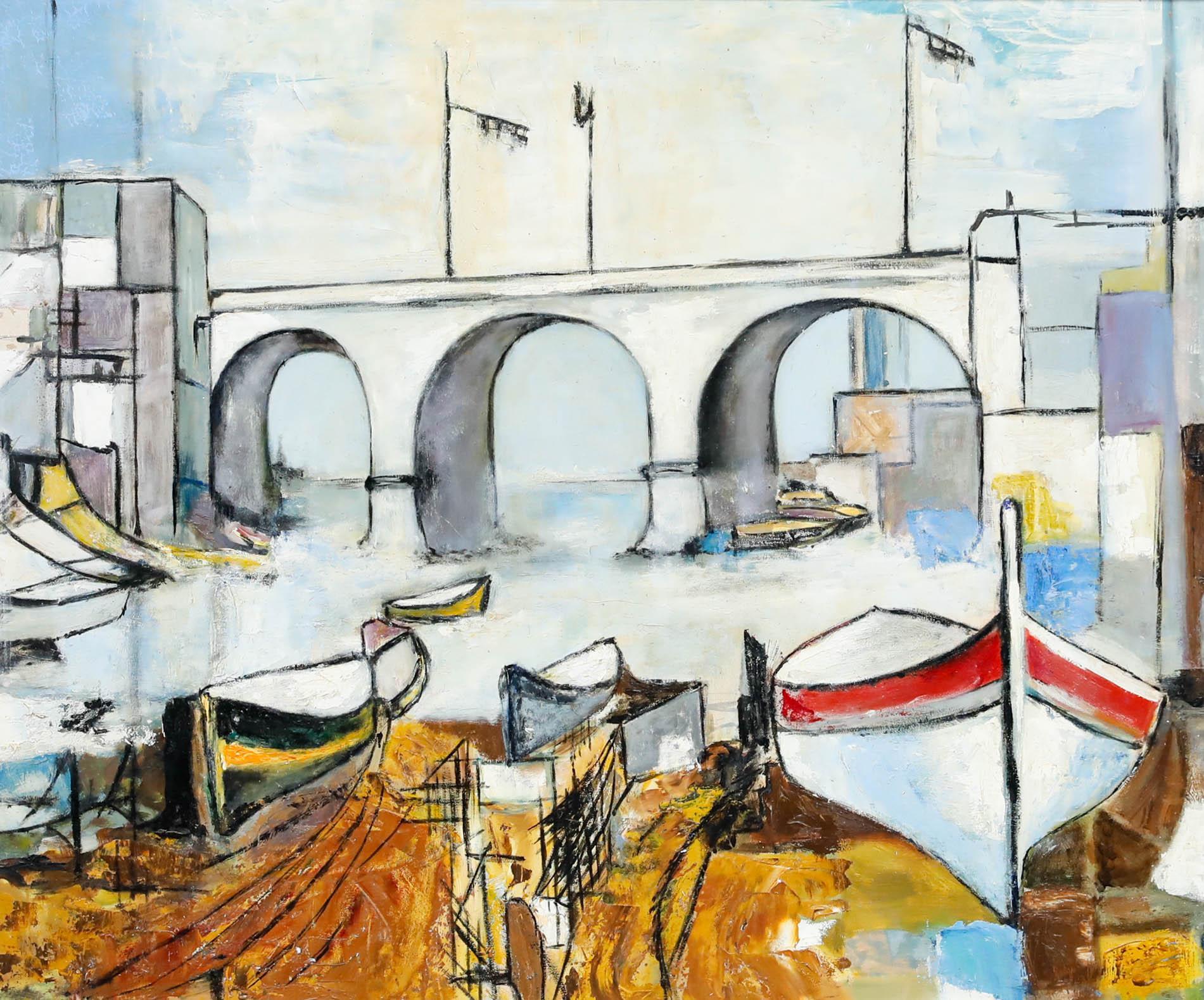 Gerahmtes Öl des 20. Jahrhunderts - Brücke in der Nähe des Stadthafens – Painting von Unknown